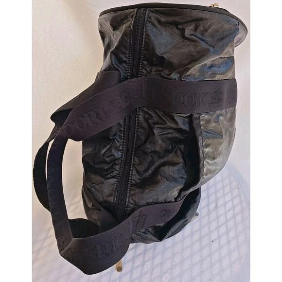 Lesportsac Weekender Bag Black Shiny 14" Overnight Pockets Coated Duffe Bag Rare - Picture 9 of 14